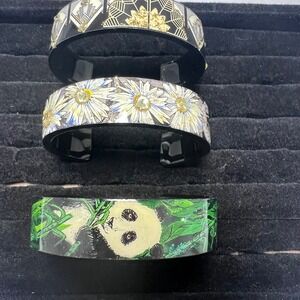 Set of 3 Resin Cuff Bracelets Panda Bear Floral Daisy Art Deco Black Wide Bangle